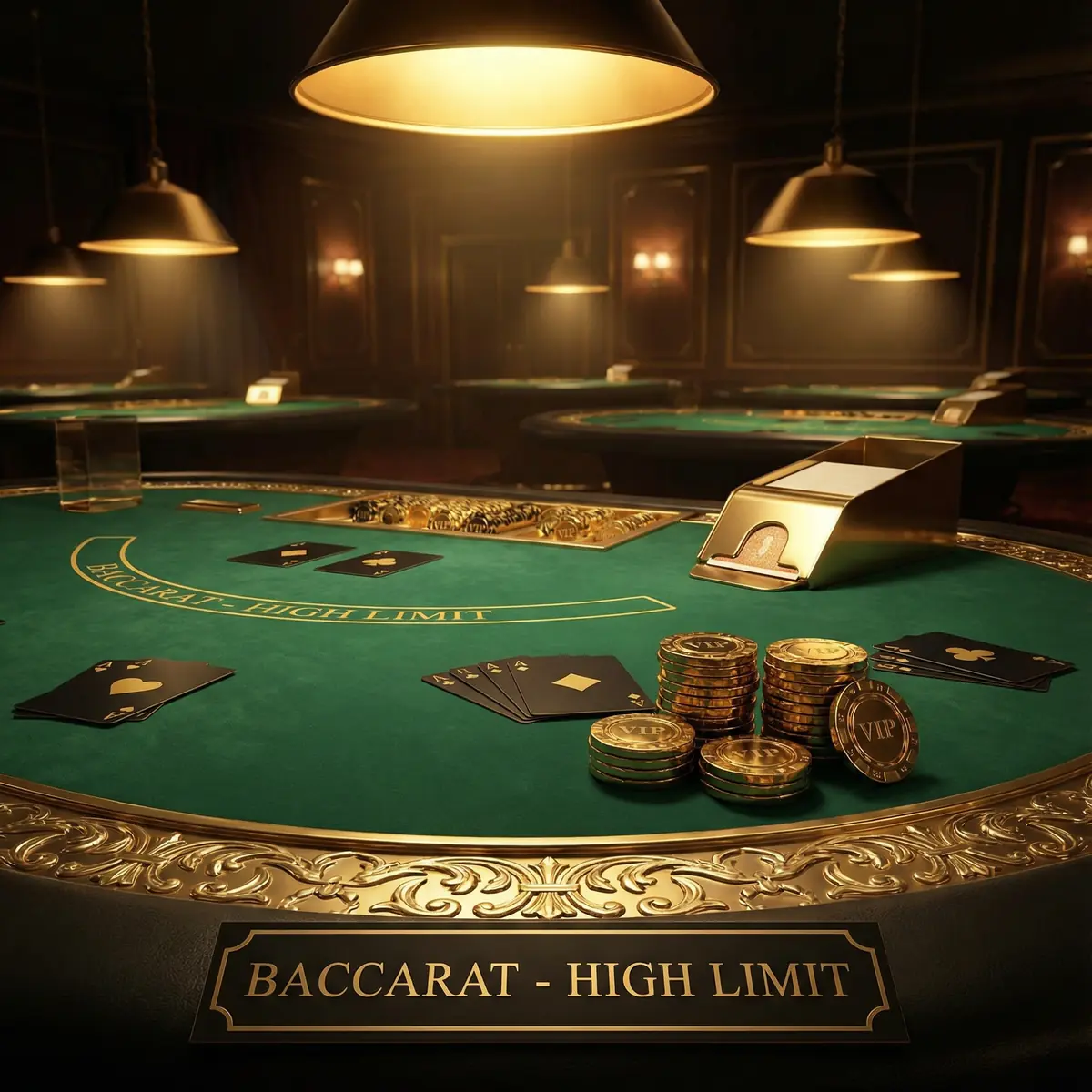 Mesa de bacará VIP con cartas y fichas de alto valor