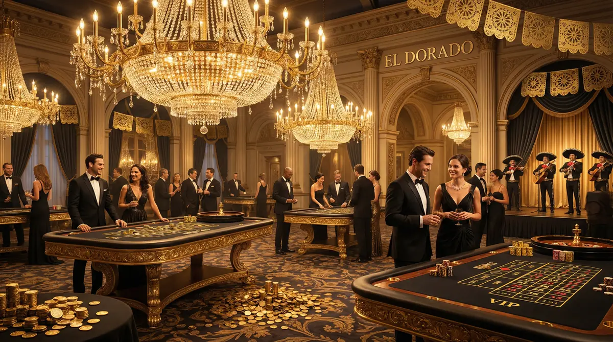 Sala VIP del casino dorado Big Bola Casino Tecamachalco con mesas de juego elegantes